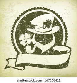 Irish leprechaun circle logo for grange greeting card of St. Patricks day. Leprechaun face in round with ribbon in green. Vector illustration