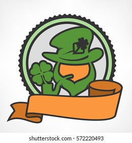 Irish leprechaun circle logo for greeting card of St. Patrick's day. Leprechaun face in round with ribbon. Vector emblem illustration