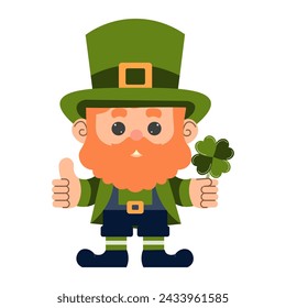 Irish leprechaun with clover for good luck. Cartoon vector illustrations of leprechaun for postcards, banners, invitations. St. Patrick's Day