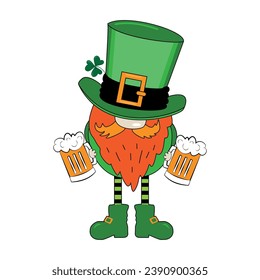 Irish leprechaun, clover leaf and beer mugs. Good for T shirt print, poster, card, label, and other decoration for St. Patrick's Day.