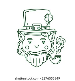 Leprechaun irlandés con un trébol de cuatro hojas en su sombrero fumando una pipa. Icono del logo de la línea del Día de los Patrones. Ilustración del vector