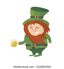 Irish leprechaun in green suit and hat with beer isolated. Vector St. Patricks day symbol with mug of beer