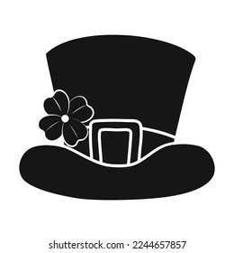 Irish leprechaun hat with four-leaf clover, symbol of good luck and St. Patrick's Day. Vector illustration, leprechaun hat in black and white