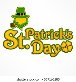 Irish Leprechaun Lettering Logo For Greeting Card Of St. Patricks Day. Face And Inscription Text On White. Vector Patricks Day Illustration