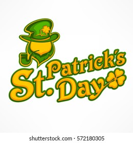 Irish leprechaun lettering logo for greeting card of St. Patrick's day. Leprechaun face and inscription text on white. Vector illustration lettering