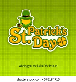 Irish Leprechaun Lettering Logo For Greeting Card Of St. Patricks Day. Face And Inscription Text On Green. Vector Illustration