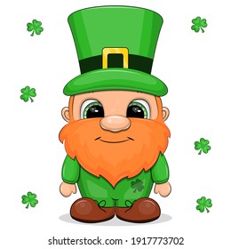 Irish leprechaun on St. Patrick's Day. Vector illustration isolated on white background with clover.