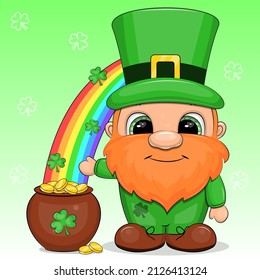 Irish leprechaun with pot of gold and rainbow on St. Patrick's Day. Vector illustration isolated on green background with clover.