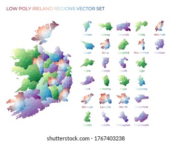 Irish low poly regions. Polygonal map of Ireland with regions. Geometric maps for your design. Elegant vector illustration.