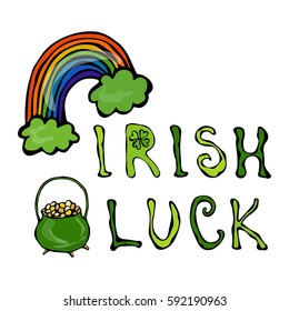 Irish Luck Logo with Rainbow and Pot of Gold and Clover