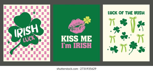 Irish Luck poster set with retro shamrock style and festive green vibes. Perfect for St Patricks Day wall decor, seasonal prints, party themes, gifts, and cheerful holiday merchandise.