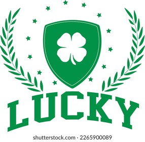 Irish Lucky Green Clover Shamrock Ireland St Paddy's day Varsity t-shirt design Slogan Logo Graphic Vector. Tee shirt and apparel print in St Patricks Day style. Vector illustration.
