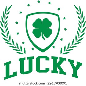Irish Lucky Green Clover Shamrock Ireland St Paddy's day Varsity t-shirt design Slogan Logo Graphic Vector. Tee shirt and apparel print in St Patricks Day style. Vector illustration.