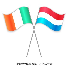 Irish and Luxembourgish crossed flags. Ireland combined with Luxembourg isolated on white. Language learning, international business or travel concept.