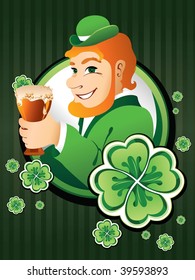 Irish man with beer on the Background with Shamrocks