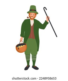 Irish Man dress like leprechaun with cauldron with gold in his hand. St. Patrick's Day cartoon illustration of people, characters Festive Costumes celebrating party, parade. 
