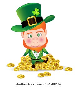 Irish man on gold coin on white background for St. Patrick's Day card
