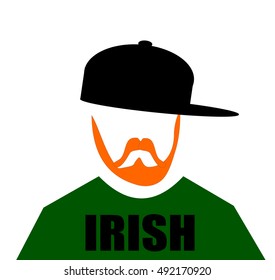 Irish man with red beard wearing baseball cap sideways