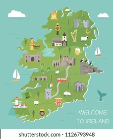 Irish map with symbols of Ireland, destinations and landmarks