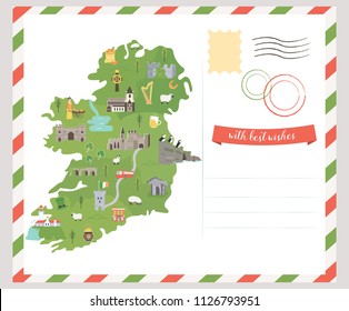 Irish map with symbols of Ireland, destinations and landmarks. Postcard design. Greeting template