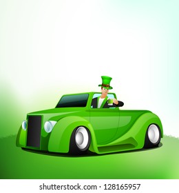 Irish men holding green beer mug sitting in St. Patrick's car .