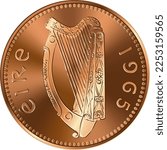 Irish money Pre-decimal gold coin Penny with Celtic harp on obverse