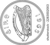 Irish money Pre-decimal gold coin Penny with Celtic harp on obverse. Black and white image