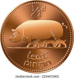 Irish money Pre-decimal gold coin Halfpenny with Pigs on reverse