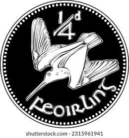 Irish money Pre-decimal gold coin Farthing with woodcock on reverse. Black and white image