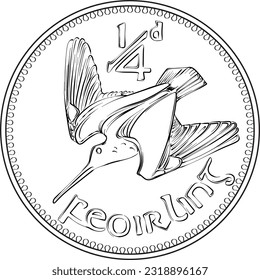 Irish money Pre-decimal gold coin Farthing with woodcock on reverse. Black and white image