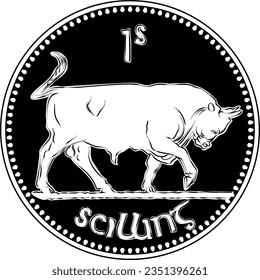 Irish money Pre-decimal Shilling coin with bull on reverse. Black and white image