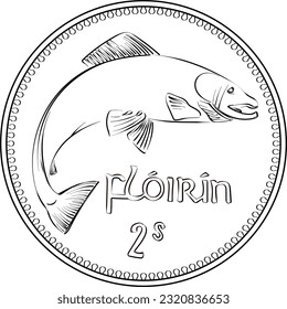 Irish money Pre-decimal silver Florin coin with salmon on reverse. Black and white image