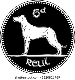 Irish money Pre-decimal silver Sixpence coin with Wolfhound on reverse. Black and white image