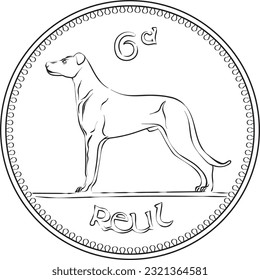 Irish money Pre-decimal silver Sixpence coin with Wolfhound on reverse. Black and white image