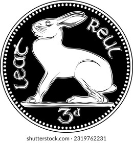 Irish money Pre-decimal silver Threepence coin with Irish hare on reverse. Black and white image