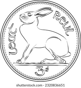 Irish money Pre-decimal silver Threepence coin with Irish hare on reverse. Black and white image