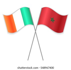 Irish and Moroccan crossed flags. Ireland combined with Morocco isolated on white. Language learning, international business or travel concept.