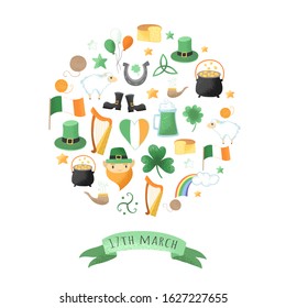 Irish national elements, icons, round print on a white background. St. Patrick's Day illustration.