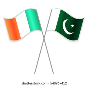 Irish and Pakistani crossed flags. Ireland combined with Pakistan isolated on white. Language learning, international business or travel concept.