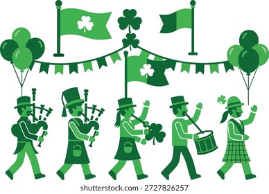 Cena de desfile irlandês com leprechauns, bandeiras e decorações de trevo. Ilustração vetorial plana representando a celebração do Dia de São Patrício, isolada sobre fundo branco.