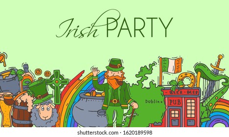 Irish party banner vector illustration. St. Patrick s day banner cartoon design. Flyers and banners design for irish parties