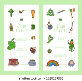Irish party celebration card templates. St. Patrick s day green party invitation cards vector illustration.