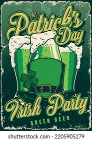 Irish Party Flyer Vintage Colorful St. Patrick Day Invitation With Green Beer And Traditional Hat With Yarrow Leaf Vector Illustration