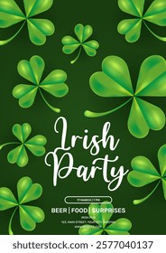 Irish party invitation with shamrocks. Happy St. Patricks Day. Vector illustration on dark green background. Poster, flyer, brochure concept