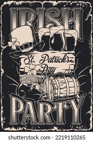 Irish party monochrome poster vintage invitation to celebrate Saint Patrick day with barrel beer and pot coins vector illustration