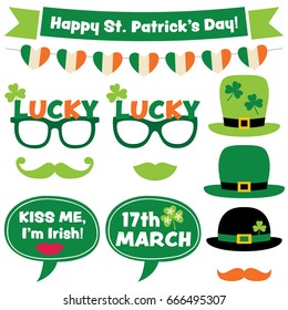 Irish party vector photo booth props and decoration set (glasses, hats, banners)