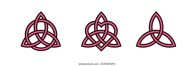 Triquetra rosa irlandés.  Nudo rojo interminable. Símbolo religioso pagano. Trébol geométrico simétrico. 