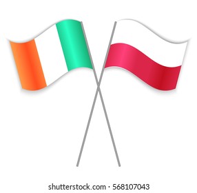 Irish and Polish crossed flags. Ireland combined with Poland isolated on white. Language learning, international business or travel concept.