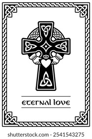 Cartel irlandés con cruz celta con anillo de Claddagh - diseño de Vector de corazón y manos - celebración del Día de San Patricio en Irlanda. Cruces irlandesas, escocesas y galesas con patrones celtas y nudos - símbolo 
