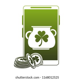 Irish pot on smartphone screen and coins green lines